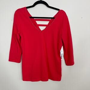 New Tribal Red Small S Studded VNeck 3/4 Sleeve Tee Cotton Stretch Cross Back